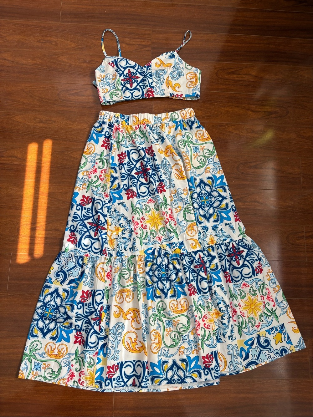 Women’s White Multi-Color Tile Print Two-Piece Dress